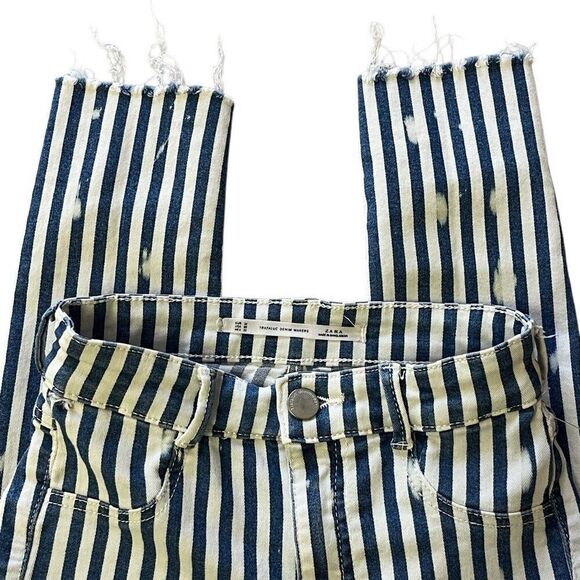 NWOT ZARA TRAFALUC BLUE & WHITE STRIPED SKINNY JEANS Size 00 - Picture 5 of 13